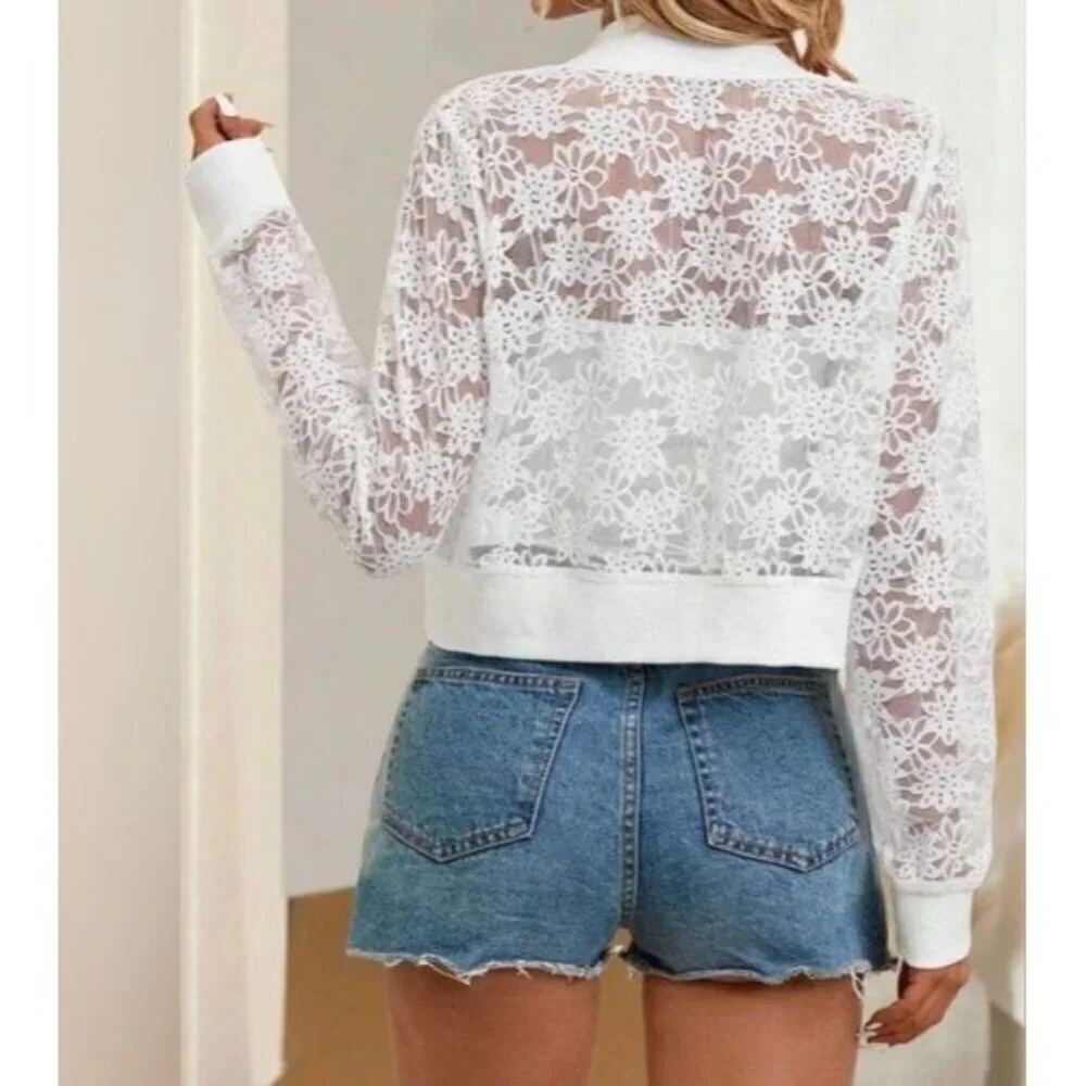 White Patchwork Lace Zipper Front Bomber